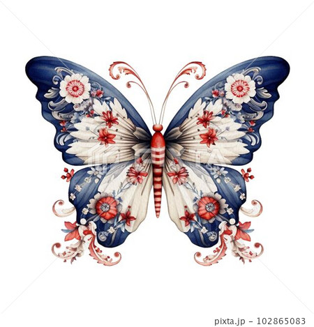 Watercolor Patriotic Butterfly 4th of July Illustration Clipart. Isolated butterfly on white background. 102865083