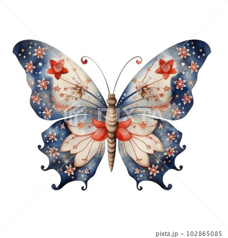 Watercolor Patriotic Butterfly 4th of July Illustration Clipart. Isolated butterfly on white background. Watercolor Patriotic Butterfly 4th of July Illustration Clipart. Isolated butterfly on white background. 102865085