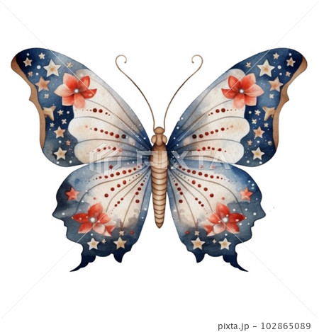 Watercolor Patriotic Butterfly 4th of July Illustration Clipart. Isolated butterfly on white background. 102865089