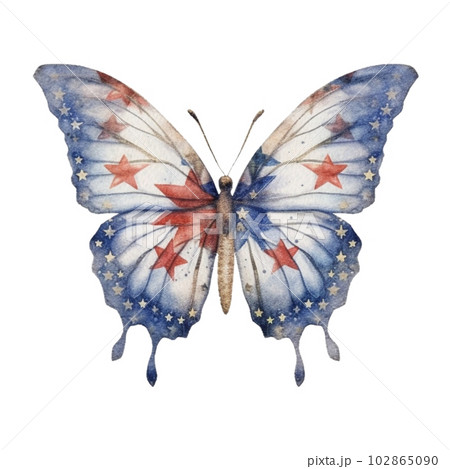 Watercolor Patriotic Butterfly 4th of July Illustration Clipart. Isolated butterfly on white background. 102865090