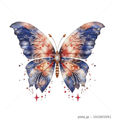 Watercolor Patriotic Butterfly 4th of July Illustration Clipart. Isolated butterfly on white background. 102865091