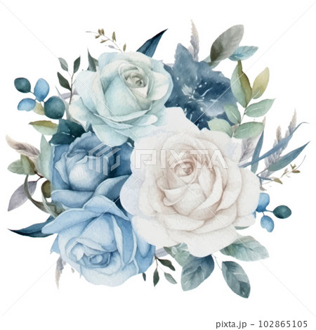Blue Pastel Rose Flower Bouquet Watercolor Illustration 102865105