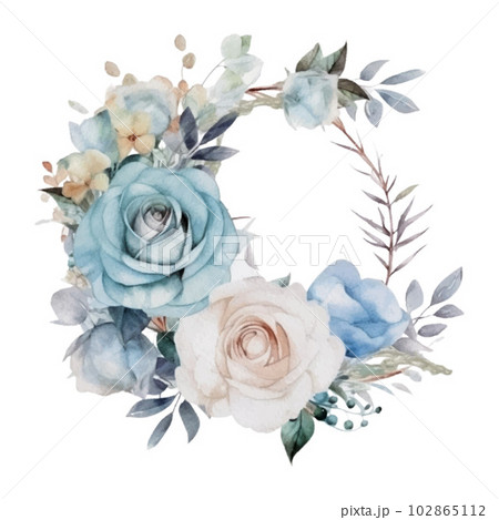 White and Blue Roses Wreath Watercolor Illustration White and Blue Roses Wreath Watercolor Illustration 102865112