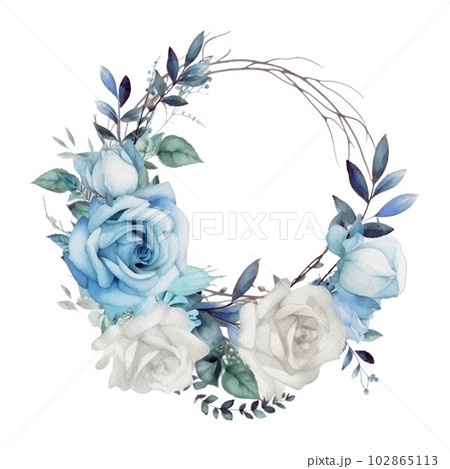 White and Blue Roses Wreath Watercolor Illustration White and Blue Roses Wreath Watercolor Illustration 102865113