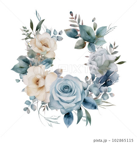 White and Blue Roses Wreath Watercolor Illustration White and Blue Roses Wreath Watercolor Illustration 102865115