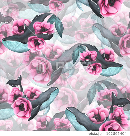 Large whale in black and turquoise among pink anemone flowers. Watercolor illustration, hand drawn. Seamless pattern on a white background. For textile, fabric, wallpaper, prints, wrapping paper 102865404