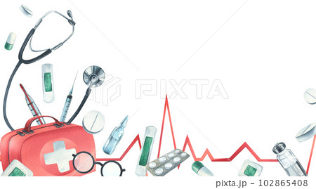 Medical equipment, first aid kit. Watercolor illustration. Horizontal template from the VETERINARY collection. For the design and design of clinics, hospitals, medicines, pharmacies 102865408