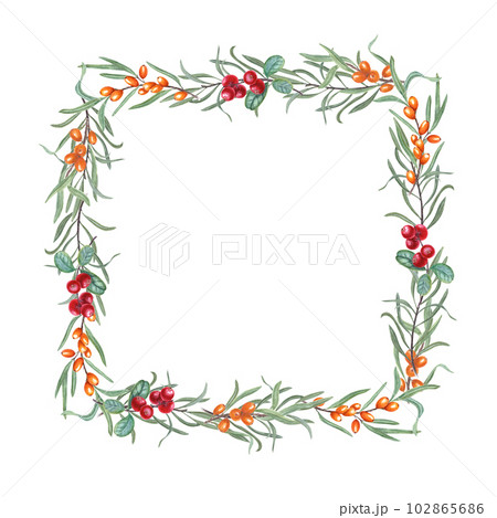 Watercolor rectangle frame of sea buckthorn, cowberries isolated on white. Beautiful combination of red berries, green leaves and brown star anise. Christmas, New Year cards Watercolor rectangle frame of sea buckthorn, cowberries isolated on white. Beautiful combination of red berries, green leaves and brown star anise. Christmas, New Year cards 102865686