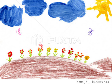 Joy children drawing with glade of flowers on hill. Childish art. Drawn nature Joy children drawing with glade of flowers on hill. Childish art. Drawn nature 102865733
