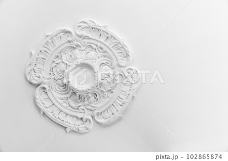 White stucco ceiling plafond, classical architecture elements 102865874