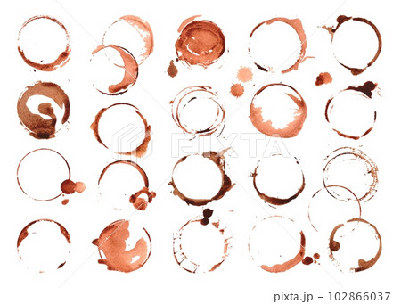Coffee stains set, isolated cup circles tea or espresso. Dirty stain, drinking elements on table surface. Neoteric abstract vector graphic set Coffee stains set, isolated cup circles tea or espresso. Dirty stain, drinking elements on table surface. Neoteric abstract vector graphic set 102866037