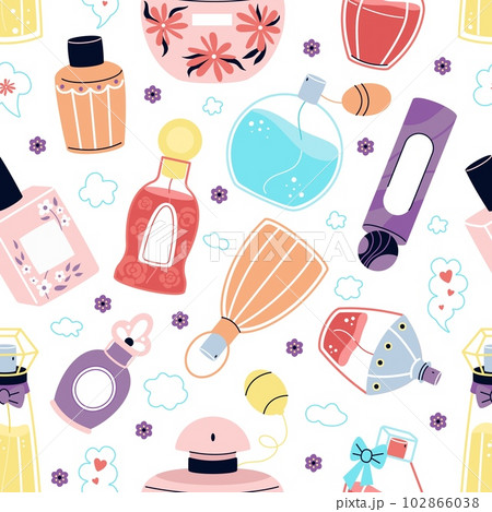 Perfume packaging seamless pattern. Fragrance bottles texture, cosmetic bottle lady fabric print. Retro perfumes decent vector background Perfume packaging seamless pattern. Fragrance bottles texture, cosmetic bottle lady fabric print. Retro perfumes decent vector background 102866038