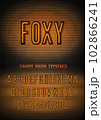 Narrow orange neon font with numbers on brick wall background. Vector foxy night light box sign 102866241