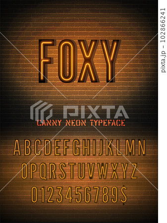 Narrow orange neon font with numbers on brick wall background. Vector foxy night light box sign 102866241