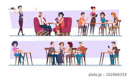Friends meeting. Couples male and female seating in restaurant dinner relax time exact vector illustrations Friends meeting. Couples male and female seating in restaurant dinner relax time exact vector illustrations 102866358