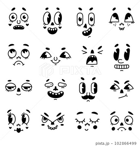 Retro Cartoon Mascot Faces with Eyes and Mouth Elements Vector Set Retro Cartoon Mascot Faces with Eyes and Mouth Elements Vector Set 102866499