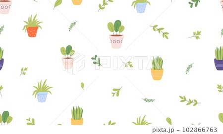 Natural plants in pots seamless pattern. Greenhouse elements, home garden and planting. Grass and greenery, gardening vector print design 102866763