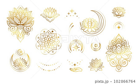 Gold esoteric tattoo printable template. Boho style line elements, moon, lotus and stars. Luxury fashion bohemian vector stickers graphic design 102866764