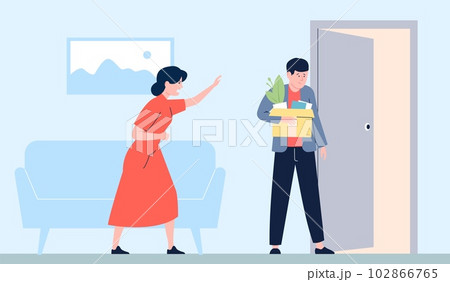 Family divorce, man leave home with things in box. Cartoon flat woman screaming at the sad male character. Couple break up vector scene 102866765
