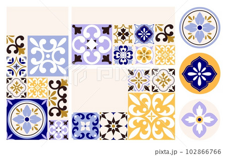 Decorative cards template. Portuguese and spanish motifs, rosettes with flowers. Abstract traditional lisbon tiles. Vector modern cards stickers design 102866766