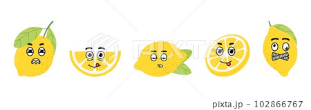 Crazy lemons with funny faces. Trendy cartoon stickers, decorative abstract characters. Isolated emotional citruses, vector cute graphics 102866767