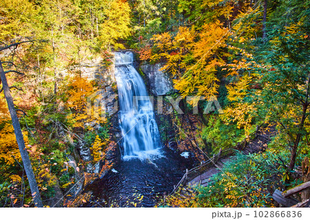 Stunning waterfall tucked into peak fall forest with boardwalk trails overlooking 102866836