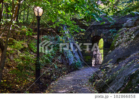 Trail with lamppost and stone tunnel in Central Park woods New York City Trail with lamppost and stone tunnel in Central Park woods New York City 102866858