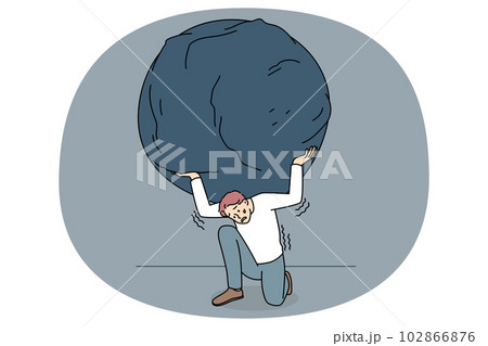 Stressed man carrying heavy stone on shoulders 102866876