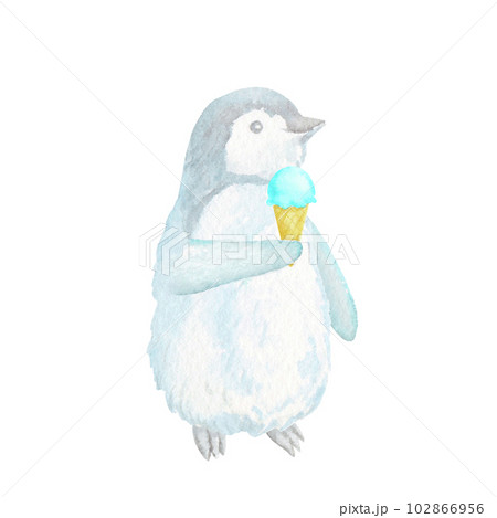 ペンギンがアイスクリームを食べているかわいい水彩イラスト。の