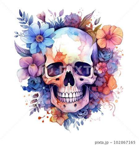 Watercolor skull with flowers. Illustration AI Generative Watercolor skull with flowers. Illustration AI Generative 102867165