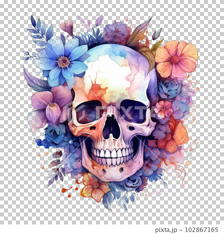 Watercolor skull with flowers. Illustration AI Generative 102867165