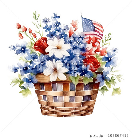 USA flag and flowers in basket. watercolor. Illustration AI Generative USA flag and flowers in basket. watercolor. Illustration AI Generative 102867415