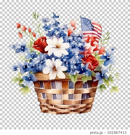 USA flag and flowers in basket. watercolor. Illustration AI Generative 102867415
