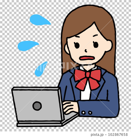 A high school girl studying a computer is impatient A high school girl studying a computer is impatient 102867658