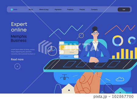 Memphis business illustration. Expert online -modern flat vector concept illustration a female financial consultant at the desktop as a phone screen. Commerce business consulting metaphor. 102867700