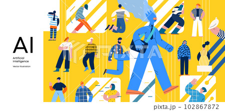 Artificial intelligence, AI and humanity -modern flat vector concept illustration of AI character walking among people in everyday life. Metaphor of AI advantage, benefit, friendliness concept Artificial intelligence, AI and humanity -modern flat vector concept illustration of AI character walking among people in everyday life. Metaphor of AI advantage, benefit, friendliness concept 102867872