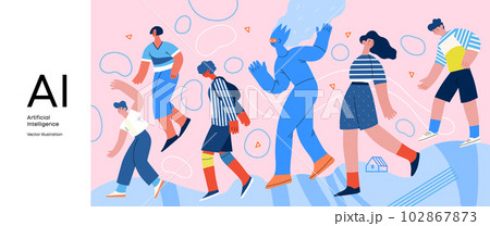 Artificial intelligence, AI and humanity -modern flat vector concept illustration of AI character walking among people in everyday life. Metaphor of AI advantage, benefit, friendliness concept 102867873