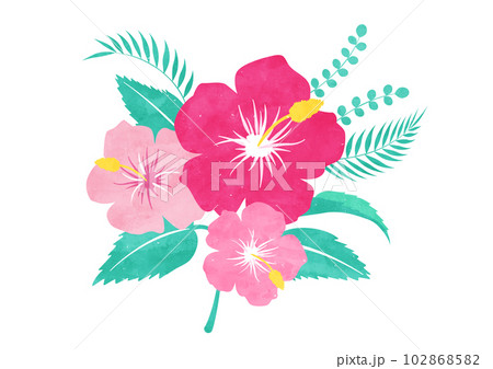 ハイビスカスの花と葉っぱの水彩イラスト ハイビスカスの花と葉っぱの水彩イラスト 102868582