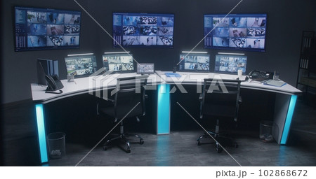 Workspace in security control center with computers and big digital screens 102868672