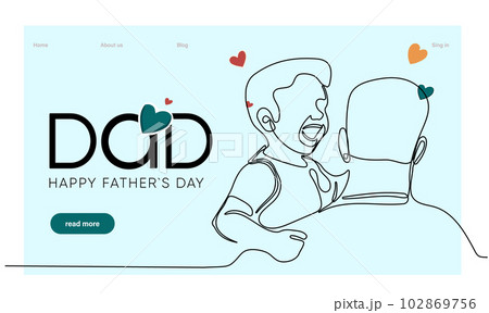 Hugs of a father with a child. One continuous line drawing banner, background, poster with family embrace. Happy Father Day simple vector illustration of child and father. Vector illustration 102869756