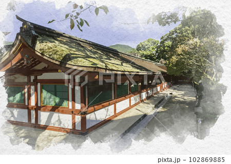 水彩画風 太宰府天満宮 回廊 福岡県太宰府市のイラスト素材