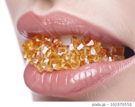 close-up . girl biting Sugar lollipop crystalline brown 102870558