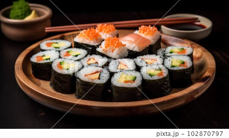 Sushi, rolls, maki traditional Japanese plate Sushi, rolls, maki traditional Japanese plate 102870797
