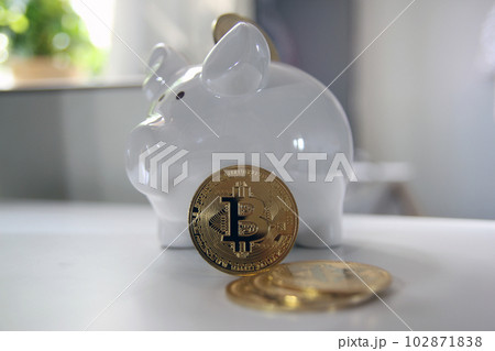crypto currency business. bitcoin coin finance concept. Shooting around bitcoins on an office desk 102871838