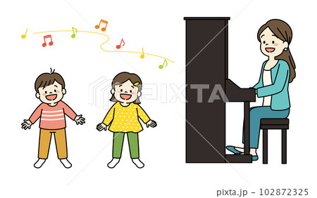 ピアノを弾く先生と歌を歌う子どものイラスト　全身 102872325