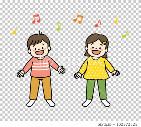 Illustration of a child singing a song Musical notes Whole body 102872328