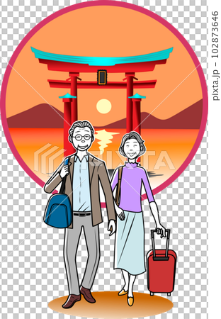 一對老年夫婦在風景絕佳的神社觀光 一對老年夫婦在風景絕佳的神社觀光 102873646