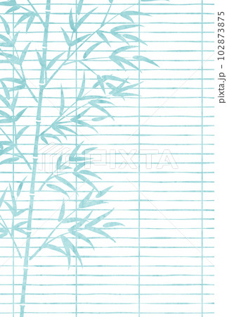 すだれ越しの笹の暑中見舞いはがきタテ青 102873875