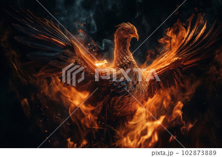 In the midst of a blazing fire, a majestic phoenix bird spreads its wings, its fiery feathers shining brightly against the backdrop of the inferno. AI Generative 102873889
