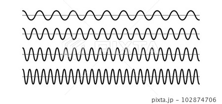 Sinusoid signals set. Black curve sound waves collection. Voice or music audio concept. Pulsating signal lines pack. Electronic radio graphics with different frequency and amplitude. Vector bundle  102874706